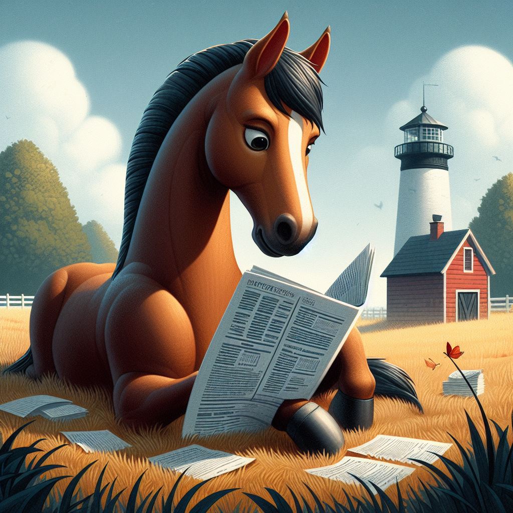 A horse in the countryside reading a newspaper